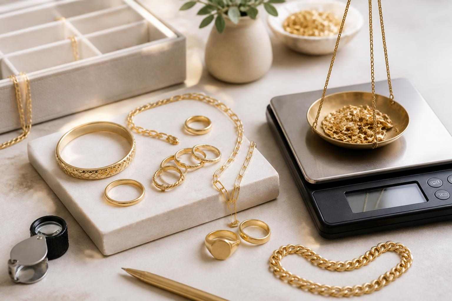 Gold jewelry pieces and a jeweler’s scale used to estimate scrap value