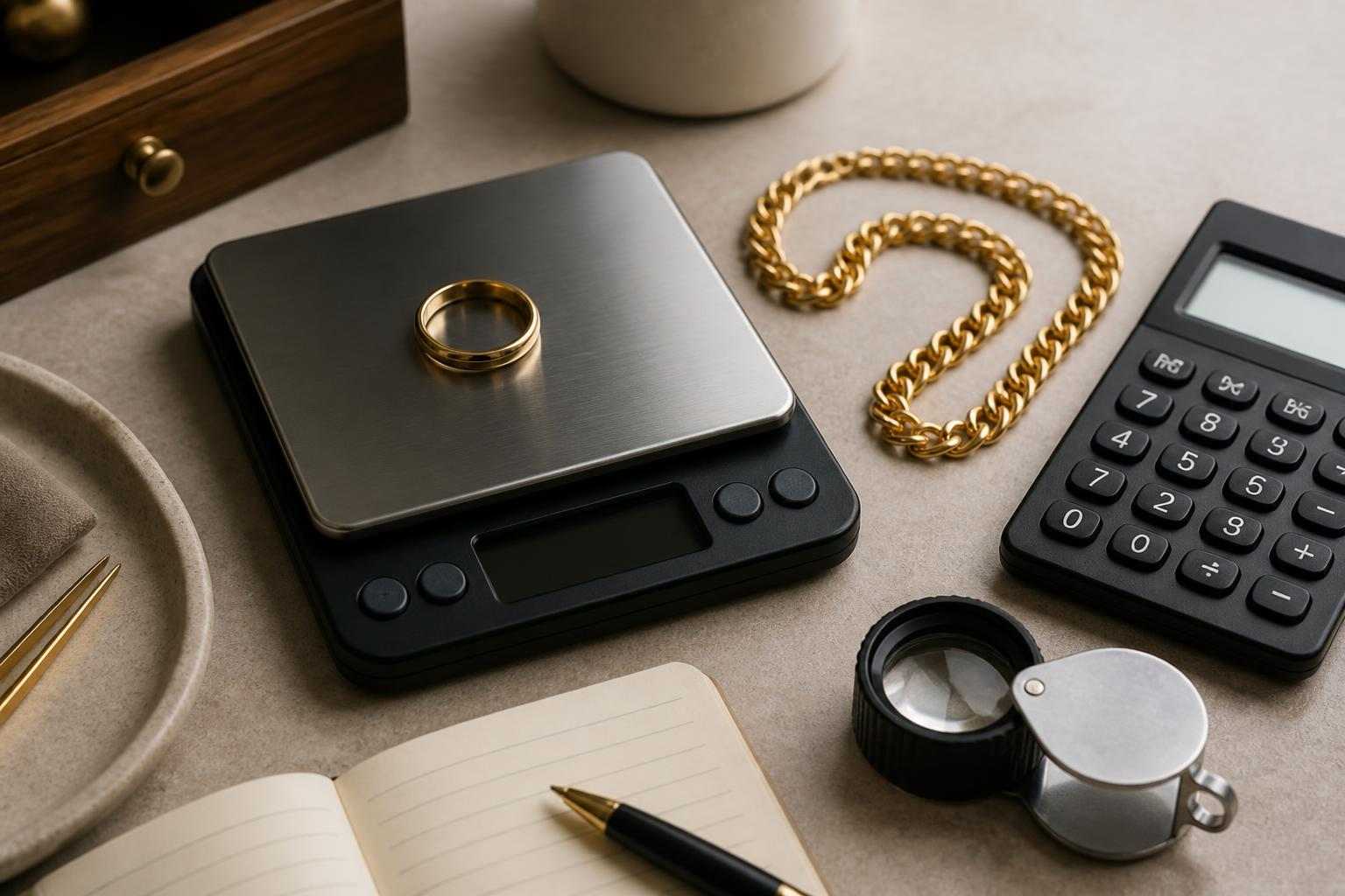 Gold jewelry valuation tools beside a ring and chain on a clean desk