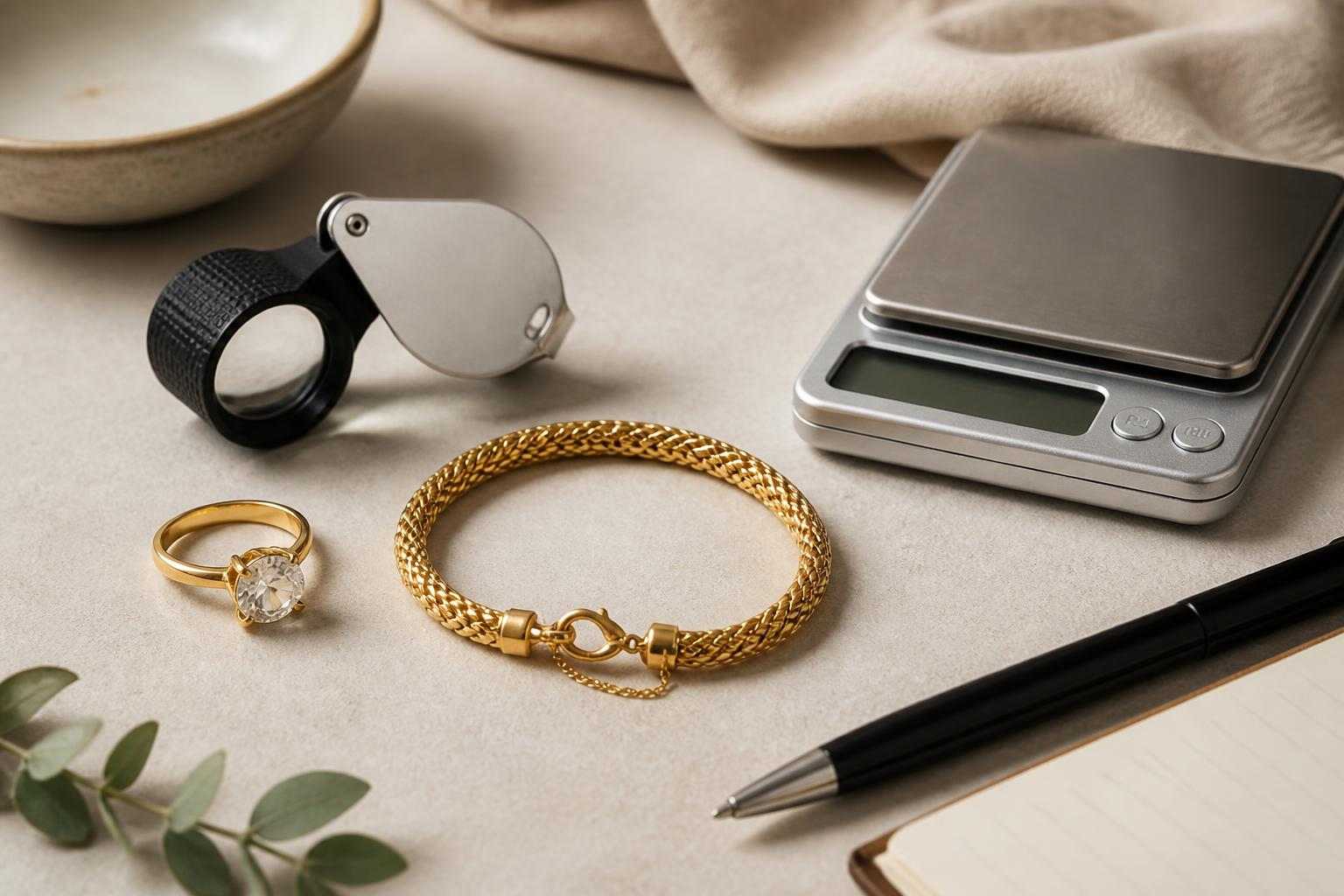 Jewelry valuation tools beside gold jewelry on a neutral background