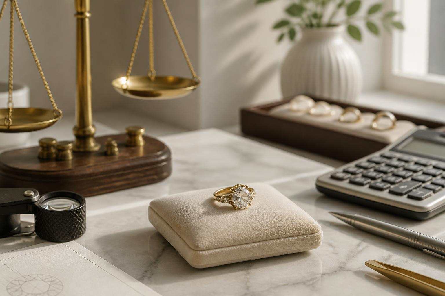 Gold jewelry valuation tools on a desk with a ring, scale, and calculator