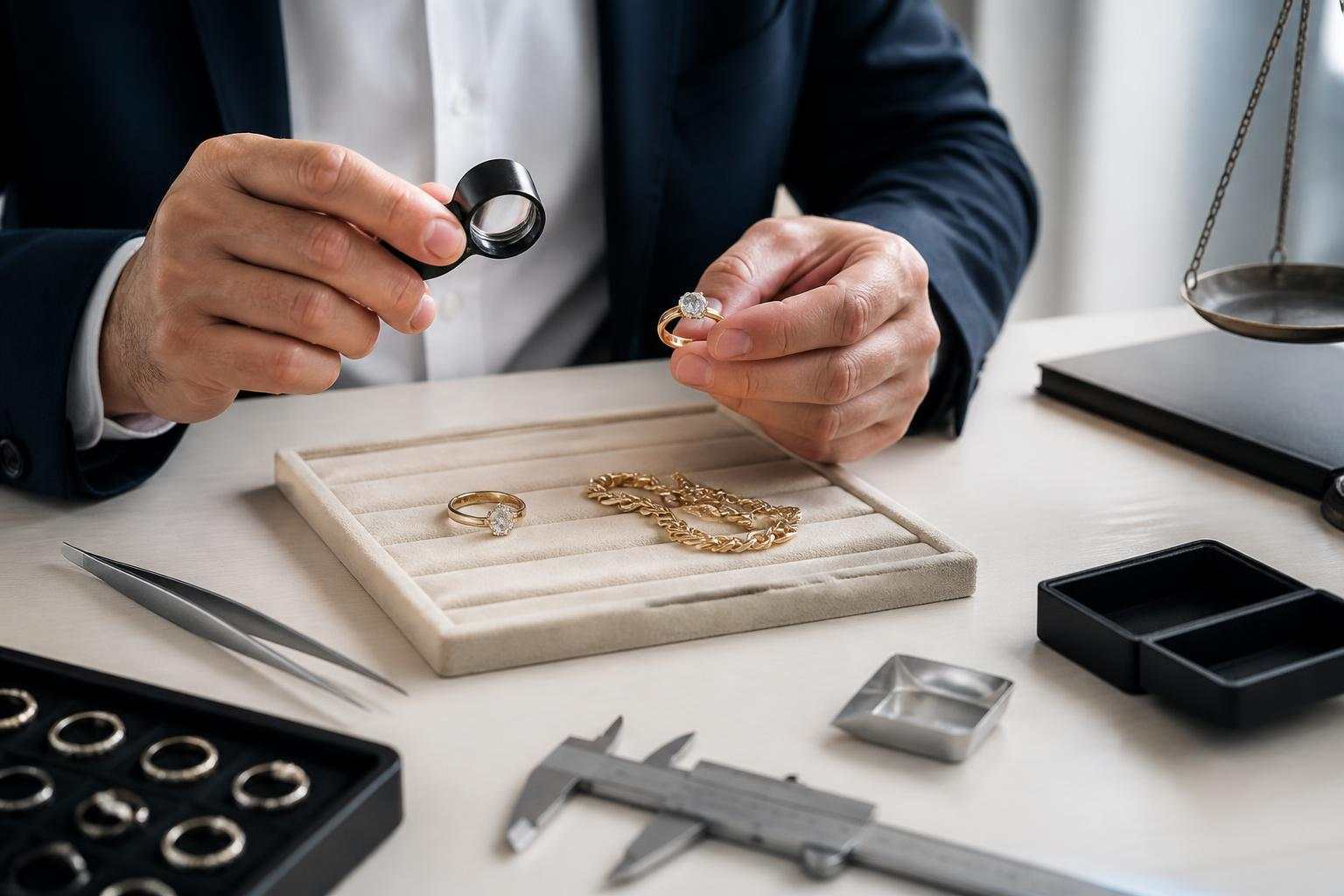 Jeweler’s desk with appraisal tools and jewelry pieces for valuation