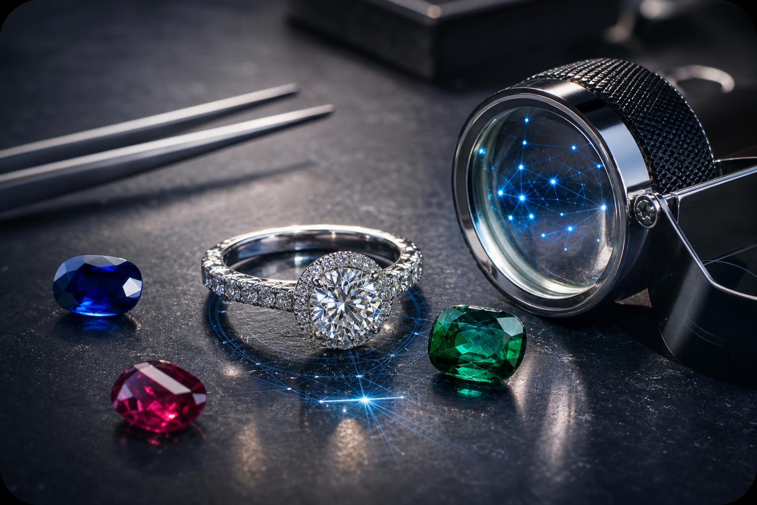 Jewelry identifier app with gemstones and loupe