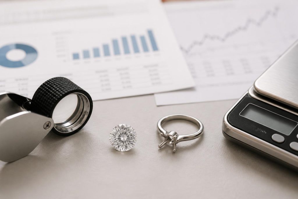 Loose diamond, ring setting, loupe, and valuation tools on a clean surface