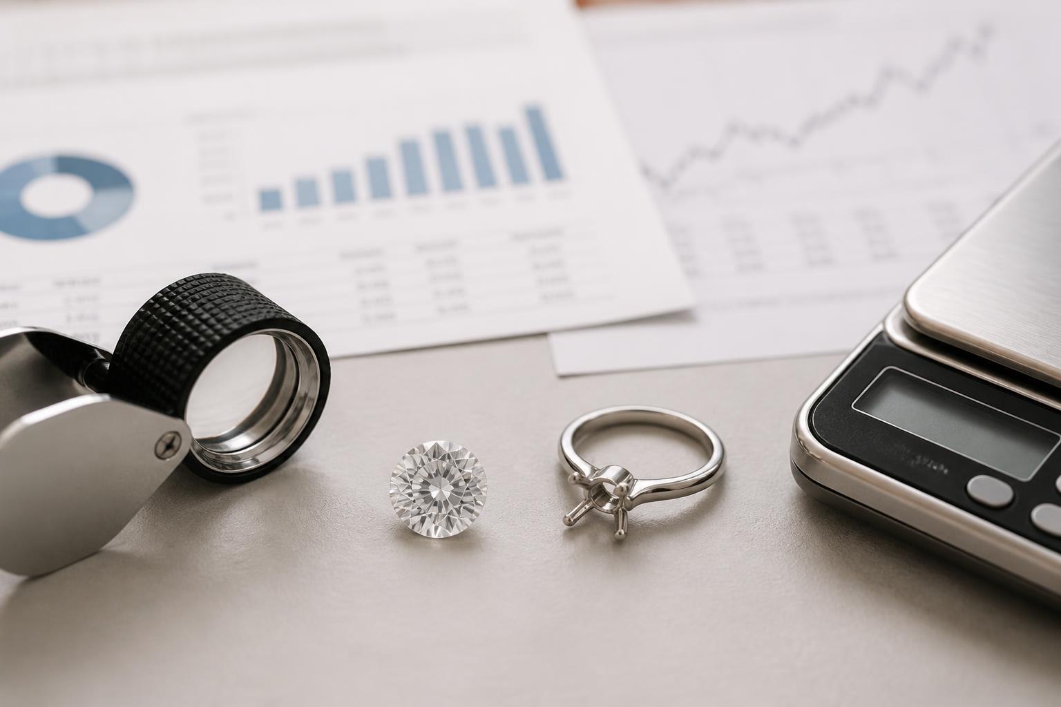 Loose diamond, ring setting, loupe, and valuation tools on a clean surface
