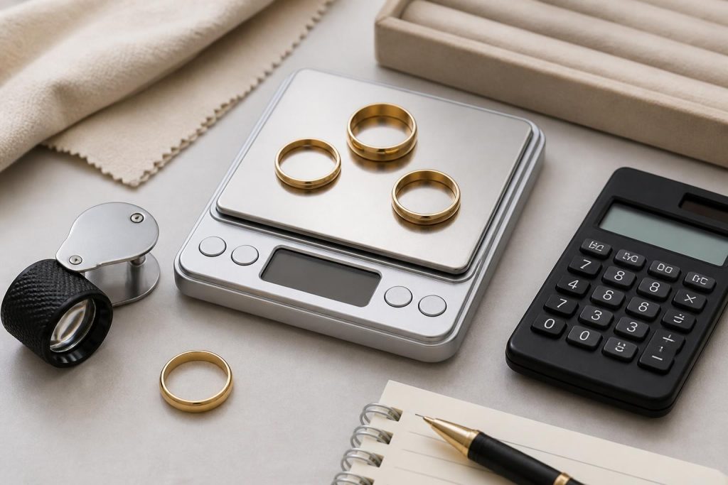 14k gold rings, a scale, and a calculator used to estimate scrap gold value