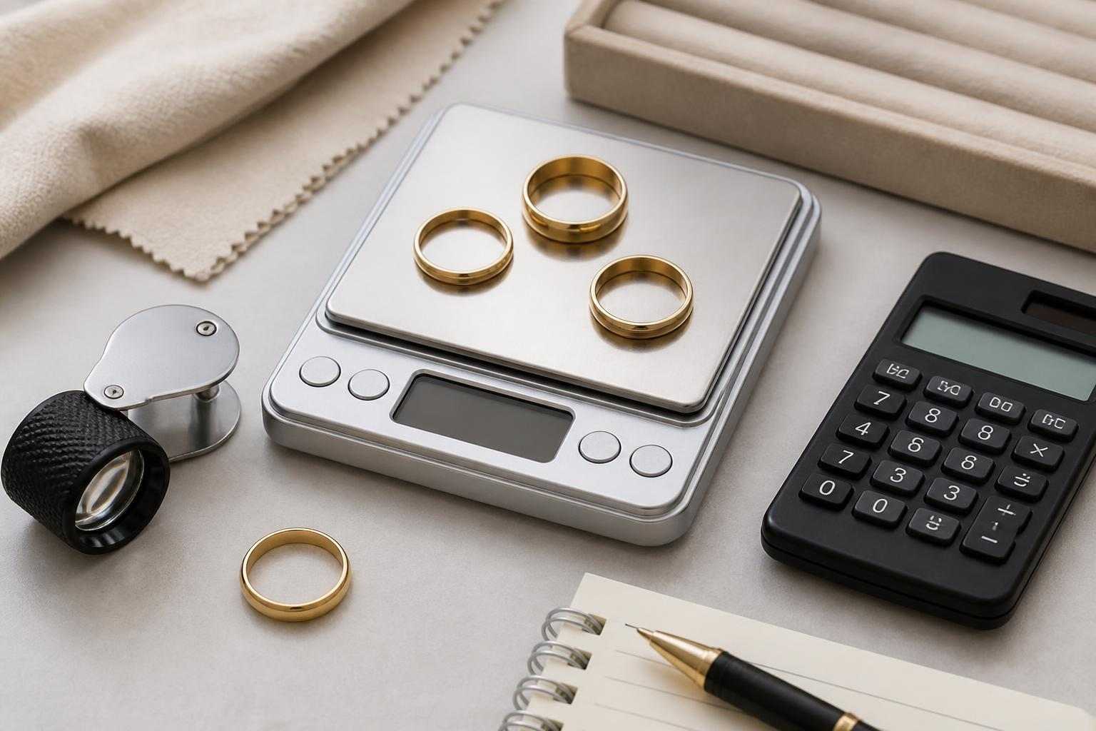 14k gold rings, a scale, and a calculator used to estimate scrap gold value