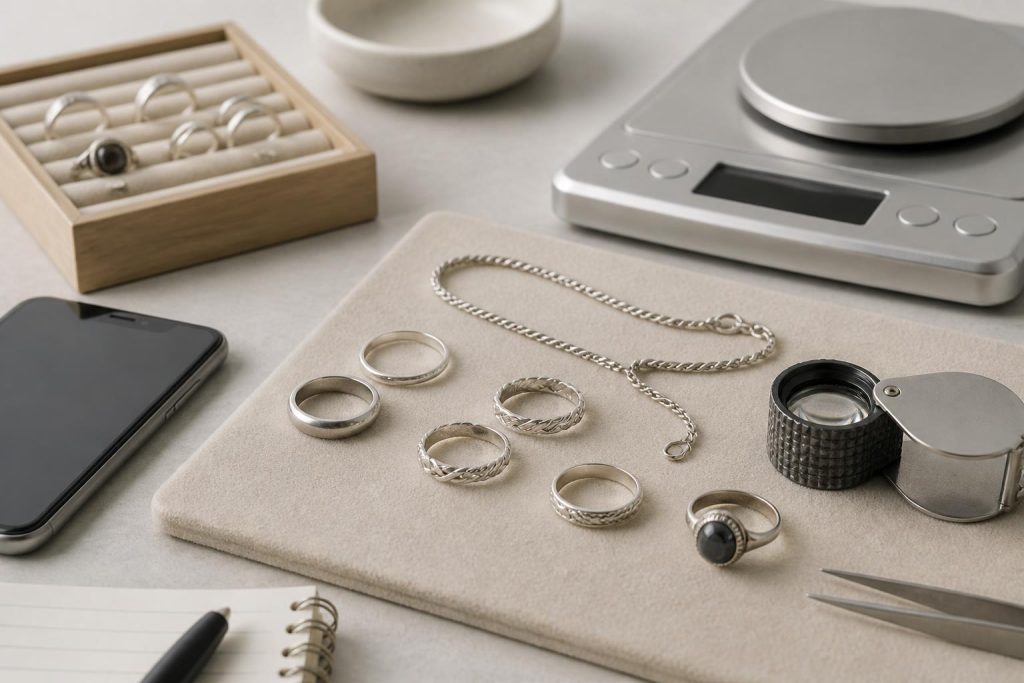 Sterling silver jewelry valuation setup with scale, loupe, and smartphone