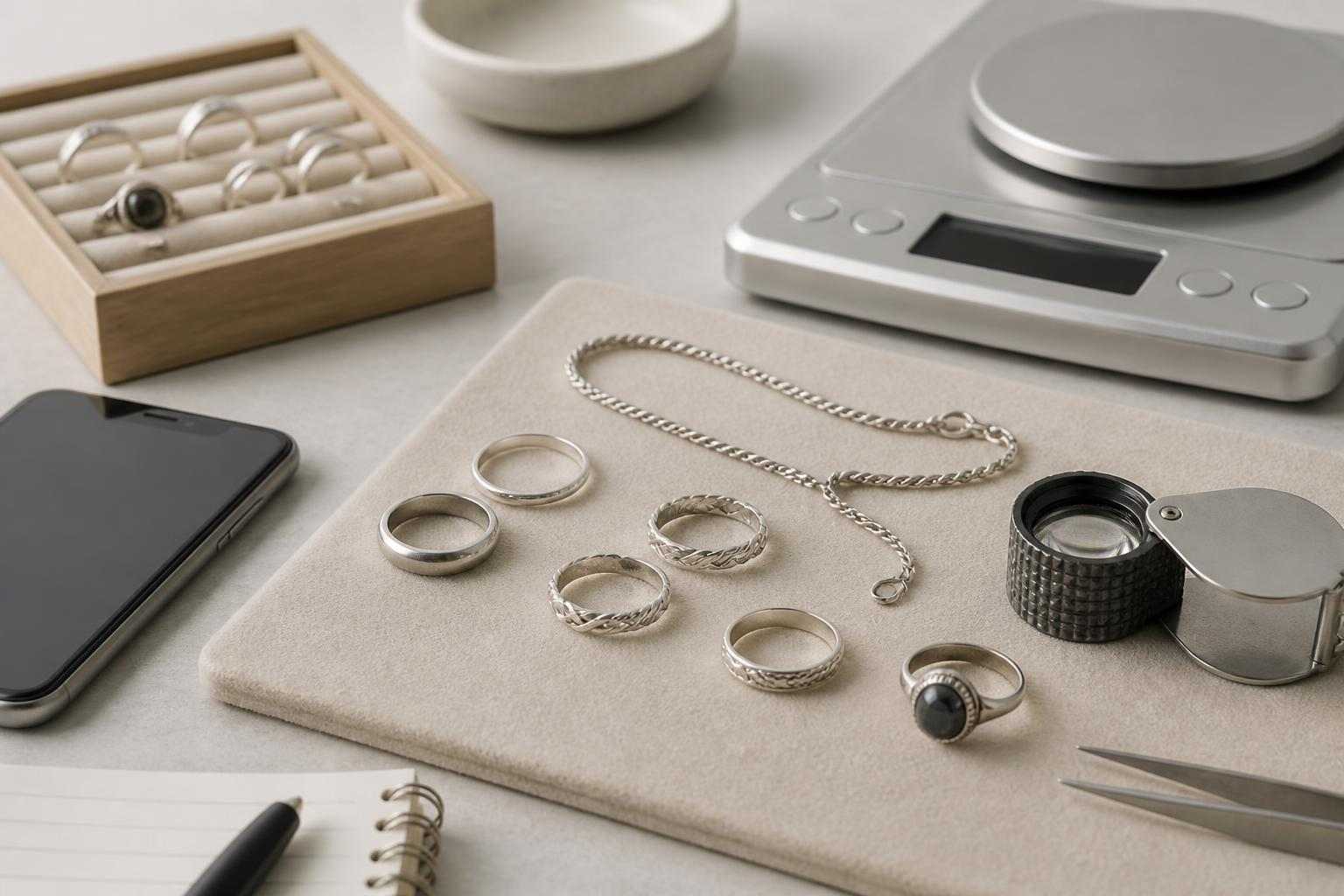 Sterling silver jewelry valuation setup with scale, loupe, and smartphone