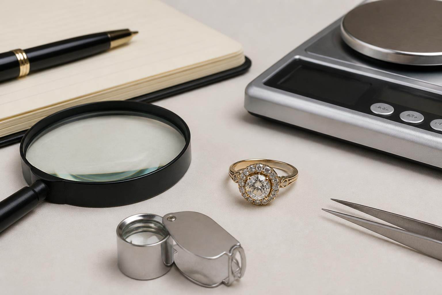 Vintage ring with magnifying glass and appraisal tools on a neutral background