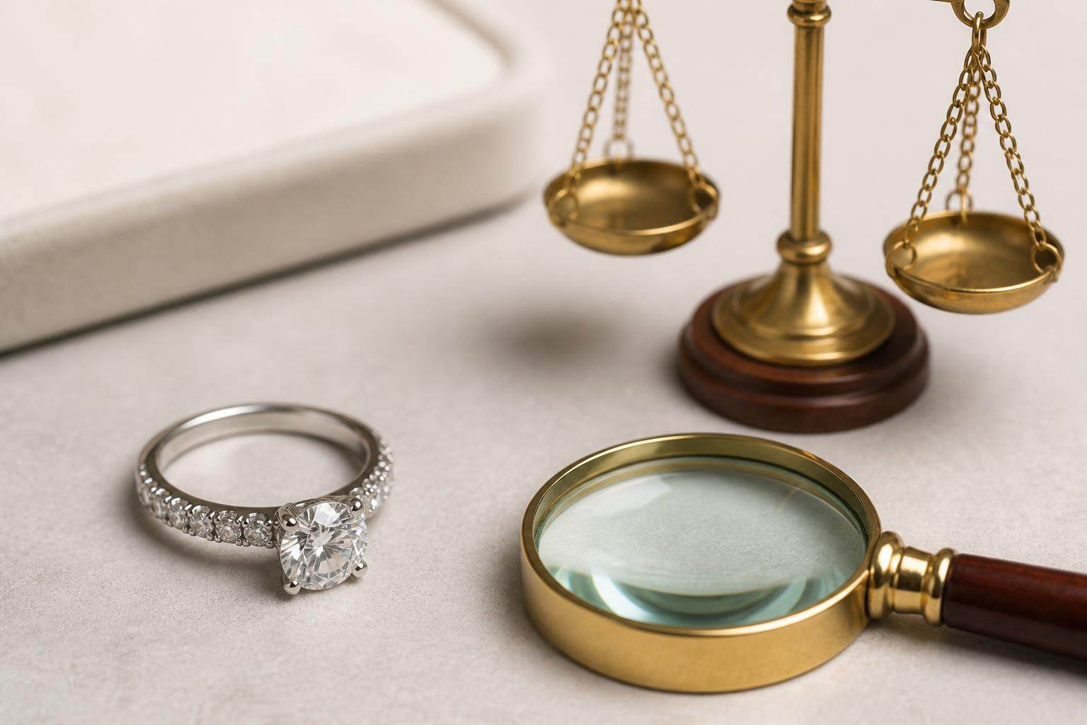 White gold jewelry with a scale and magnifying glass for valuation