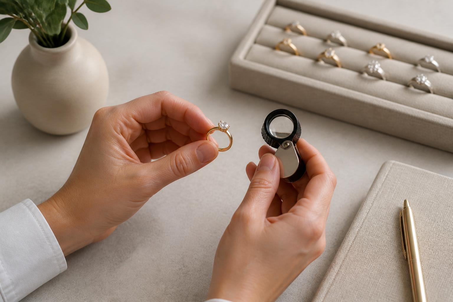 estimation bague: Bague examinée à la loupe sur fond neutre avec outils d’évaluation