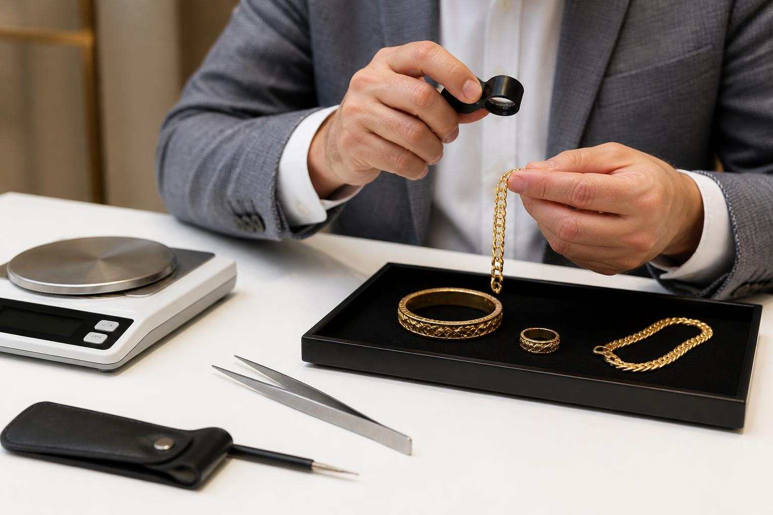 Gold filled jewelry on a jewelry appraisal tabletop with a magnifying loupe and scale