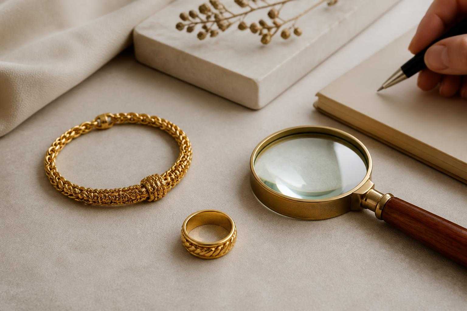 Gold-tone jewelry with a magnifying glass for estimating value
