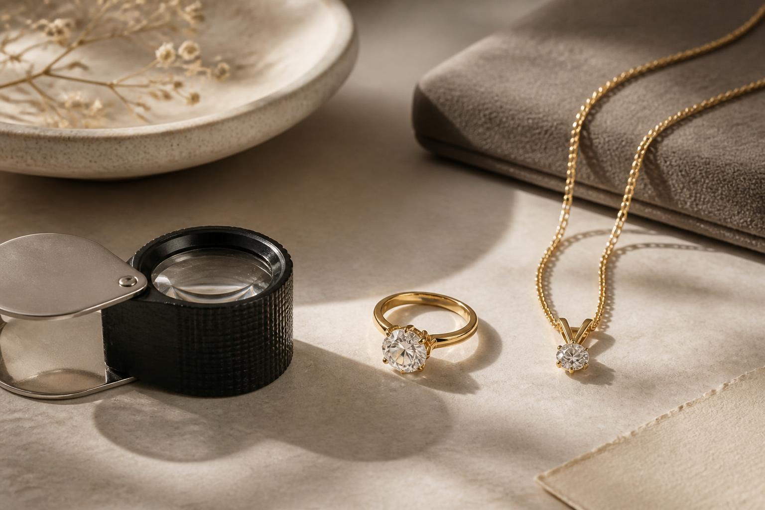 gold with 750 stamped: Gold jewelry pieces with a loupe on a neutral tabletop