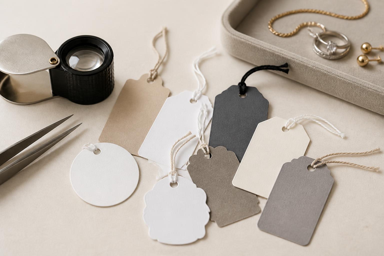 jewelry hang tag identification: Assorted jewelry hang tags with a magnifier and tools on a clean surface