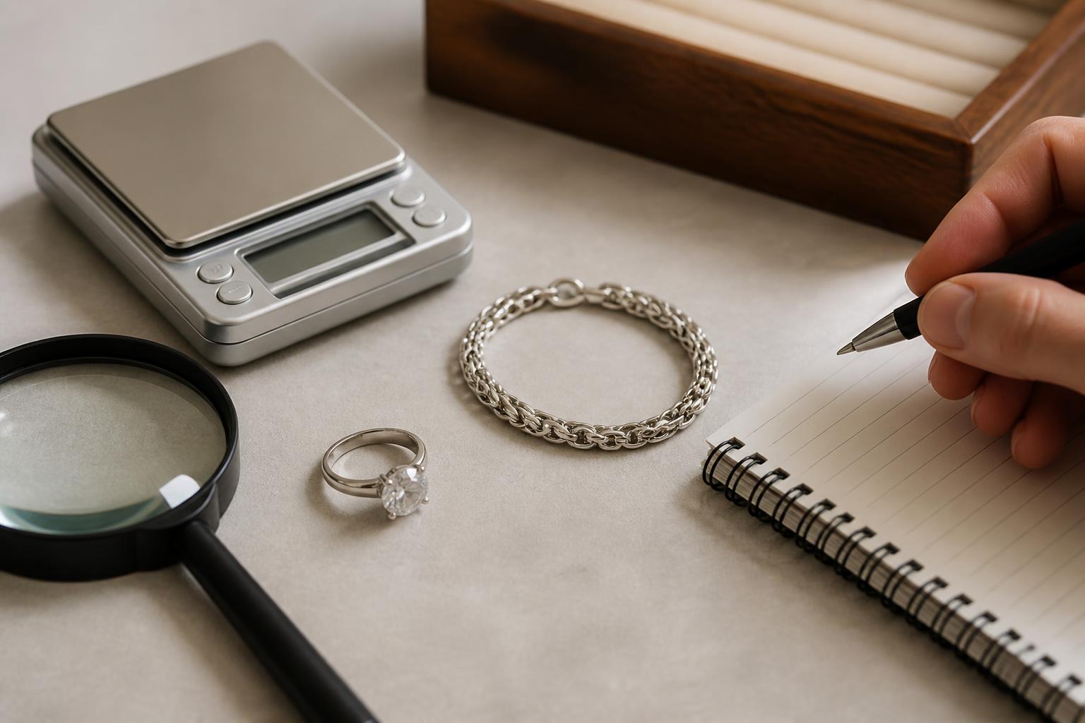plata 925 precio: Joyería de plata, báscula y lupa sobre fondo neutro