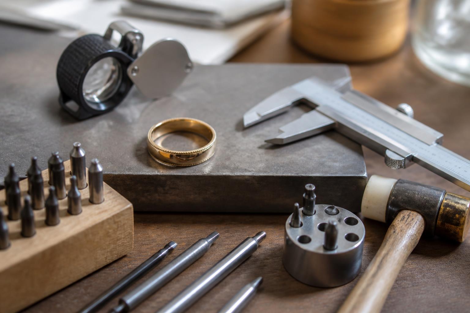 poincon or: Bijou en or, loupe et outils d’examen sur un établi de joaillerie
