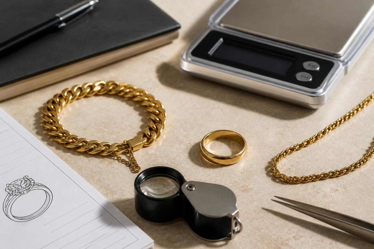 Joyas de oro sobre una mesa junto a una lupa y una báscula de precisión