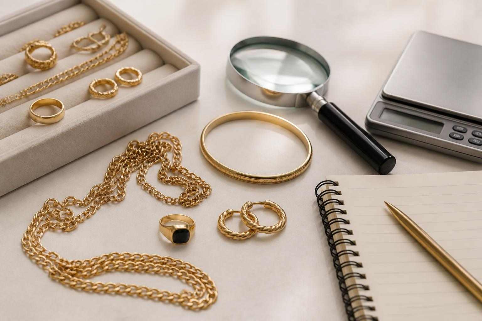 Joyas de oro sobre una mesa junto a una lupa y una balanza de valoración