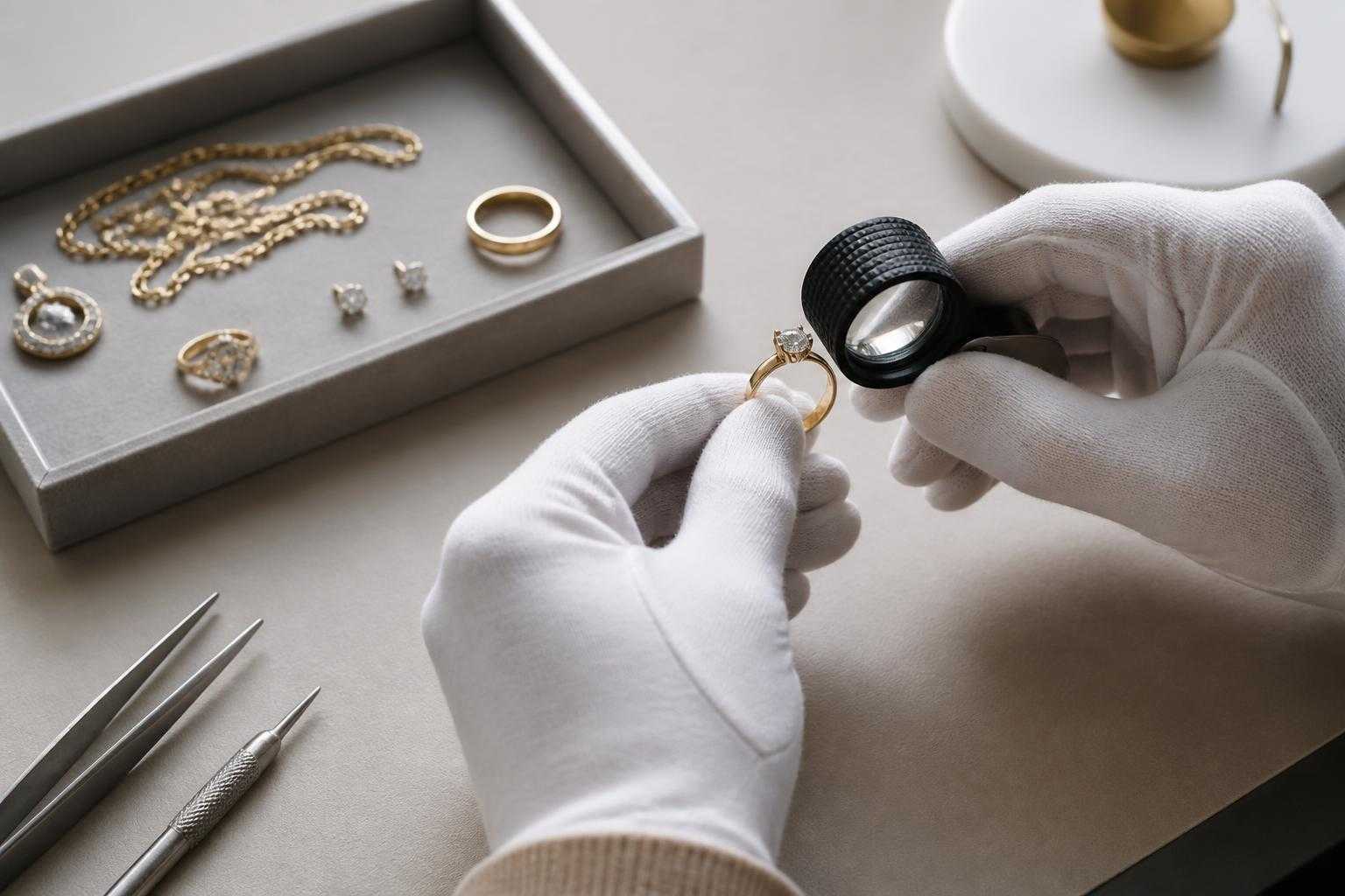 Anelli d’oro, lente e vassoio in una scena di valutazione elegante