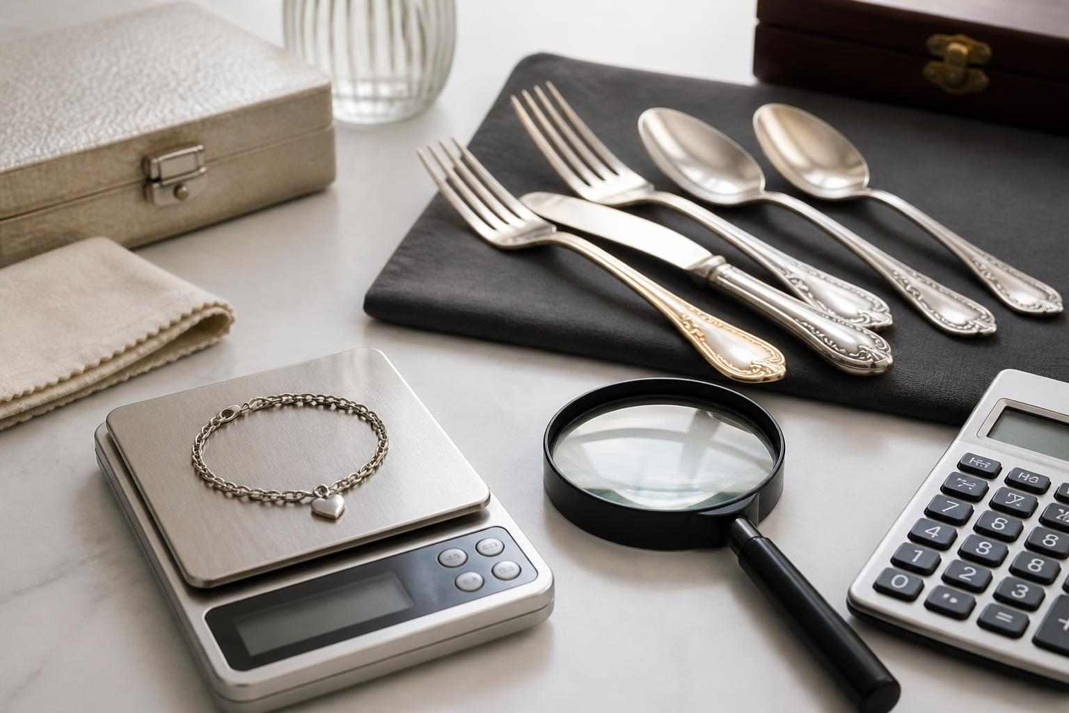 Sterling silver jewelry and appraisal tools on a clean tabletop