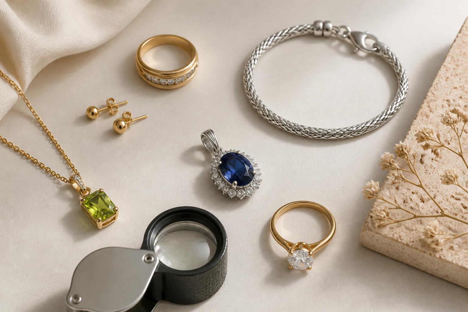 valeur bijoux: Bijoux variés avec loupe pour évaluer métaux, pierres et poinçons