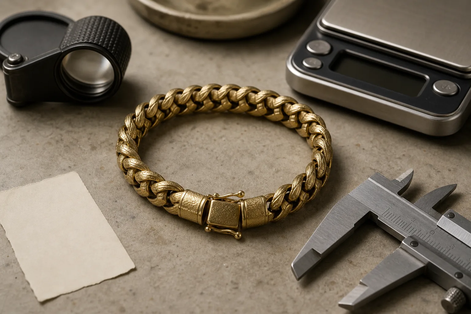 Gold-toned bracelet beside a loupe, scale, and calipers for careful jewelry identification.