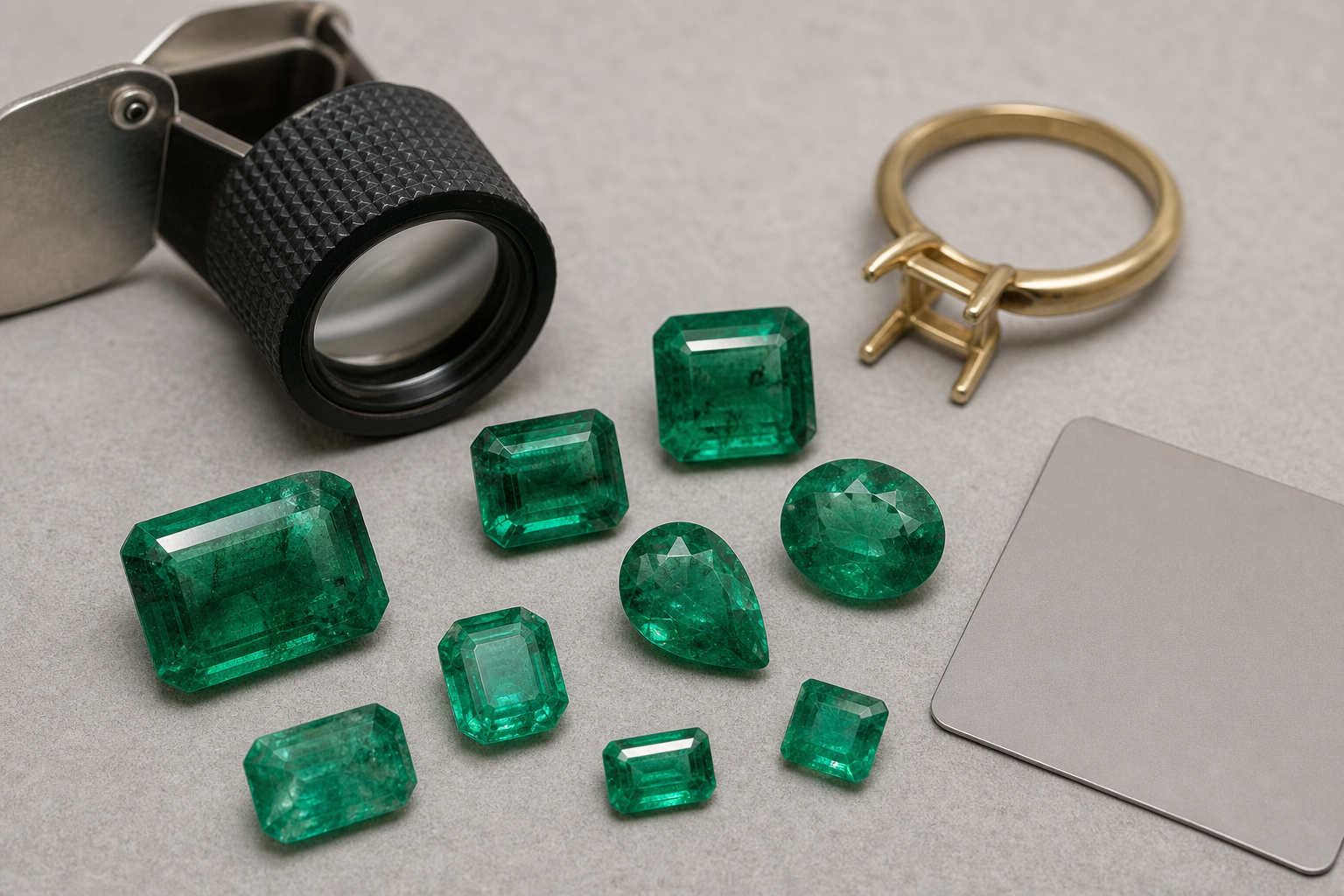 Loose green emeralds and a plain ring setting on a jeweler's work surface.