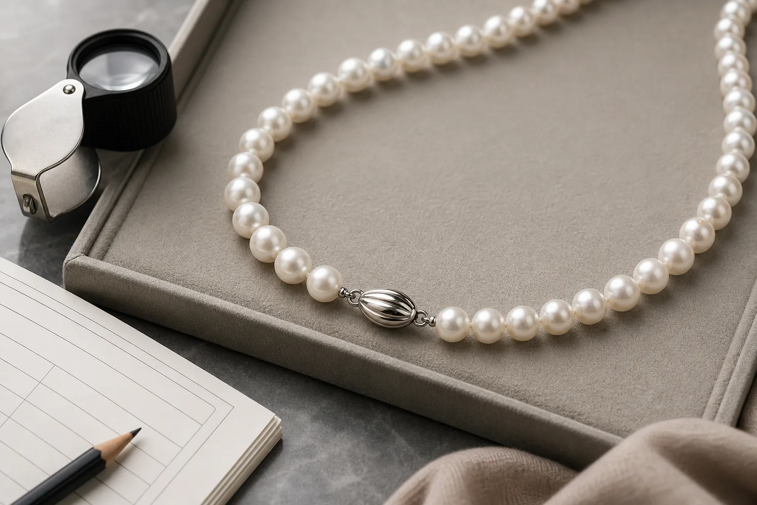 Cultured pearl necklace with clasp, loupe, and valuation notes on a jeweler's tray.