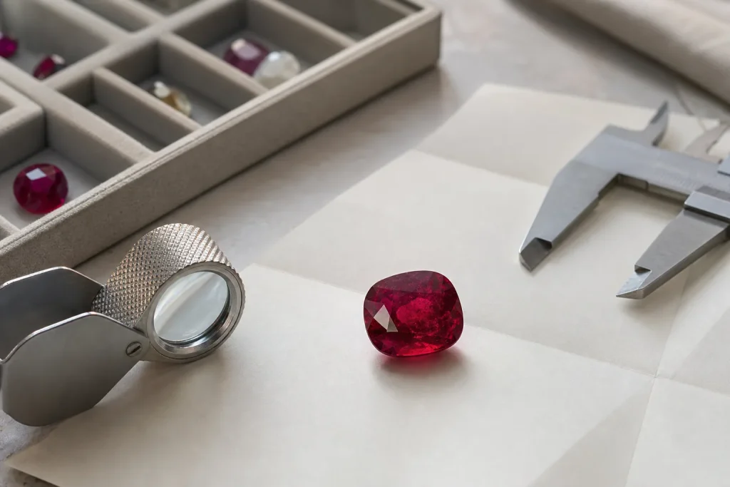 Unmounted red ruby with a jeweler’s loupe and measuring tools.
