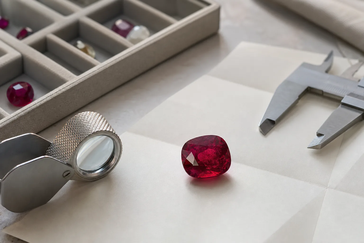 Unmounted red ruby with a jeweler’s loupe and measuring tools.