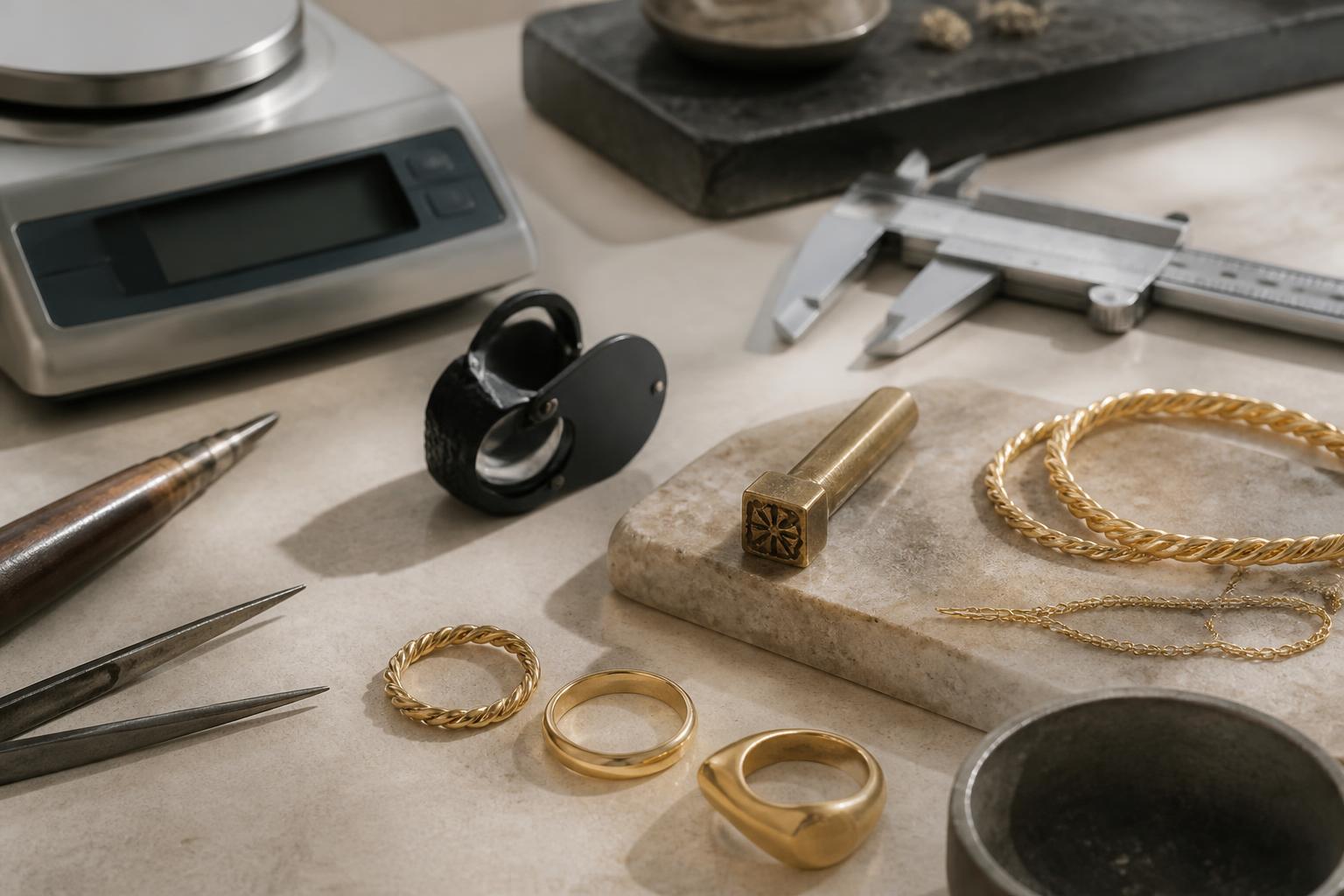 sello de oro: Mesa de joyero con lupa, balanza y piezas de oro para valorar