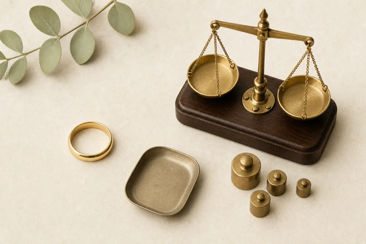 Illustration of a gold ring beside a small jeweler’s balance and unmarked weights.