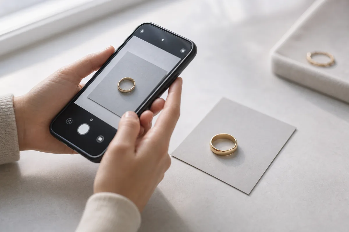 Illustration of a person photographing a gold ring on a plain background with a smartphone.