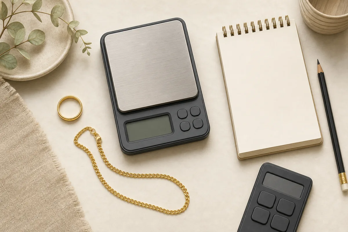 Illustration of a gold ring, chain, blank scale, calculator, and notepad arranged for a home value estimate.
