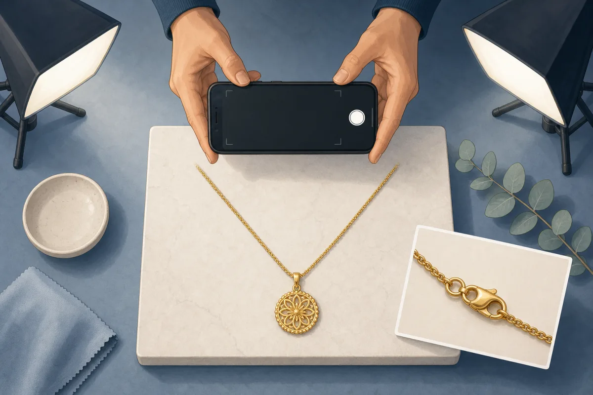 Illustration of a gold pendant necklace being photographed under even lighting with a phone held overhead.