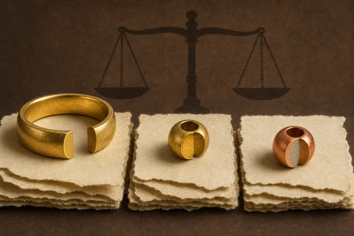 Gold purity and weight concept A gold ring and warm-toned metal beads arranged on layered cream paper with a subtle scale shape behind them.