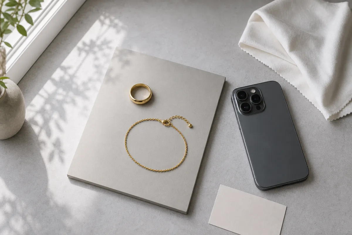 Photographing jewelry for records A gold ring and bracelet on a gray board beside a smartphone and a white cloth for photographing jewelry.