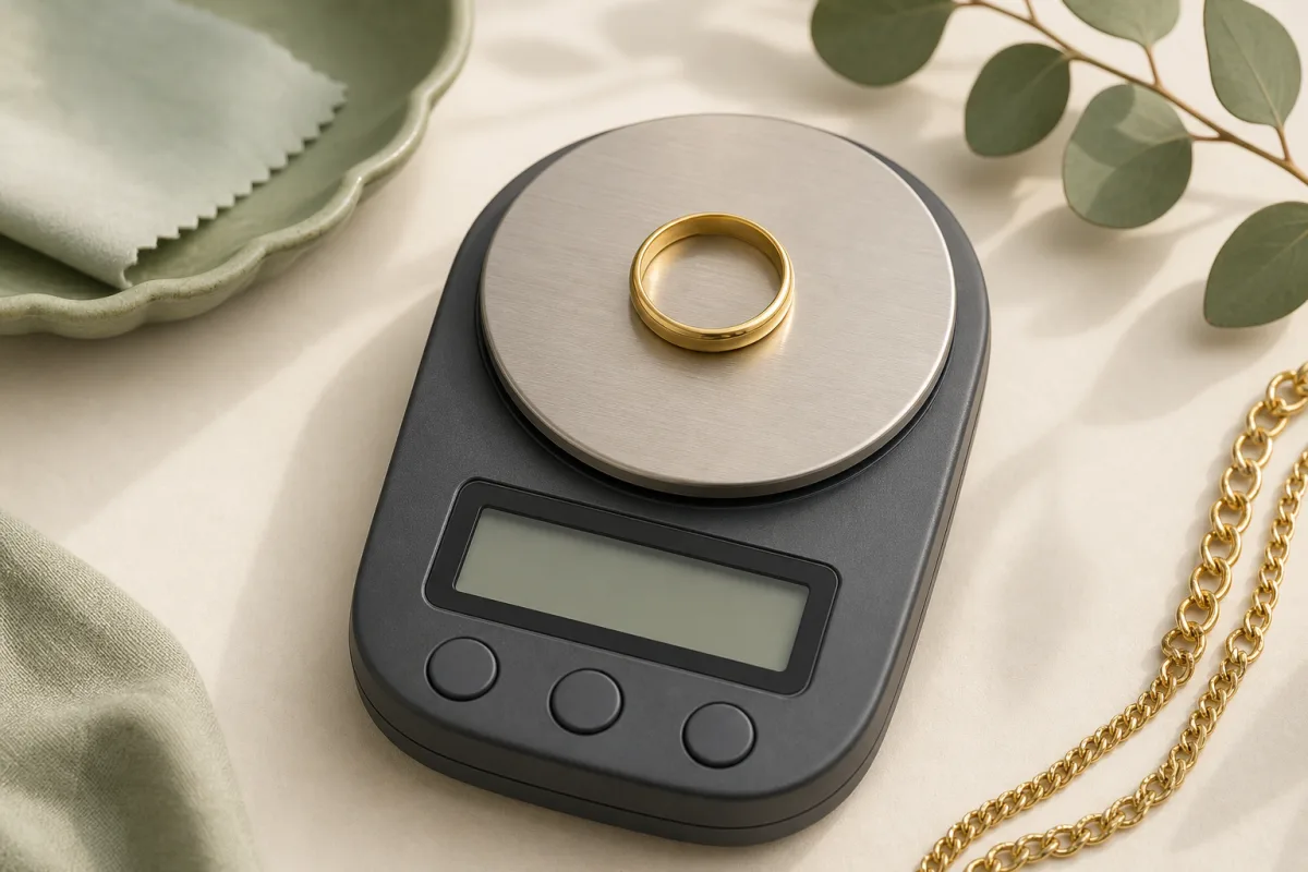 Illustration of a gold ring on a small jewelry scale beside part of a gold chain.