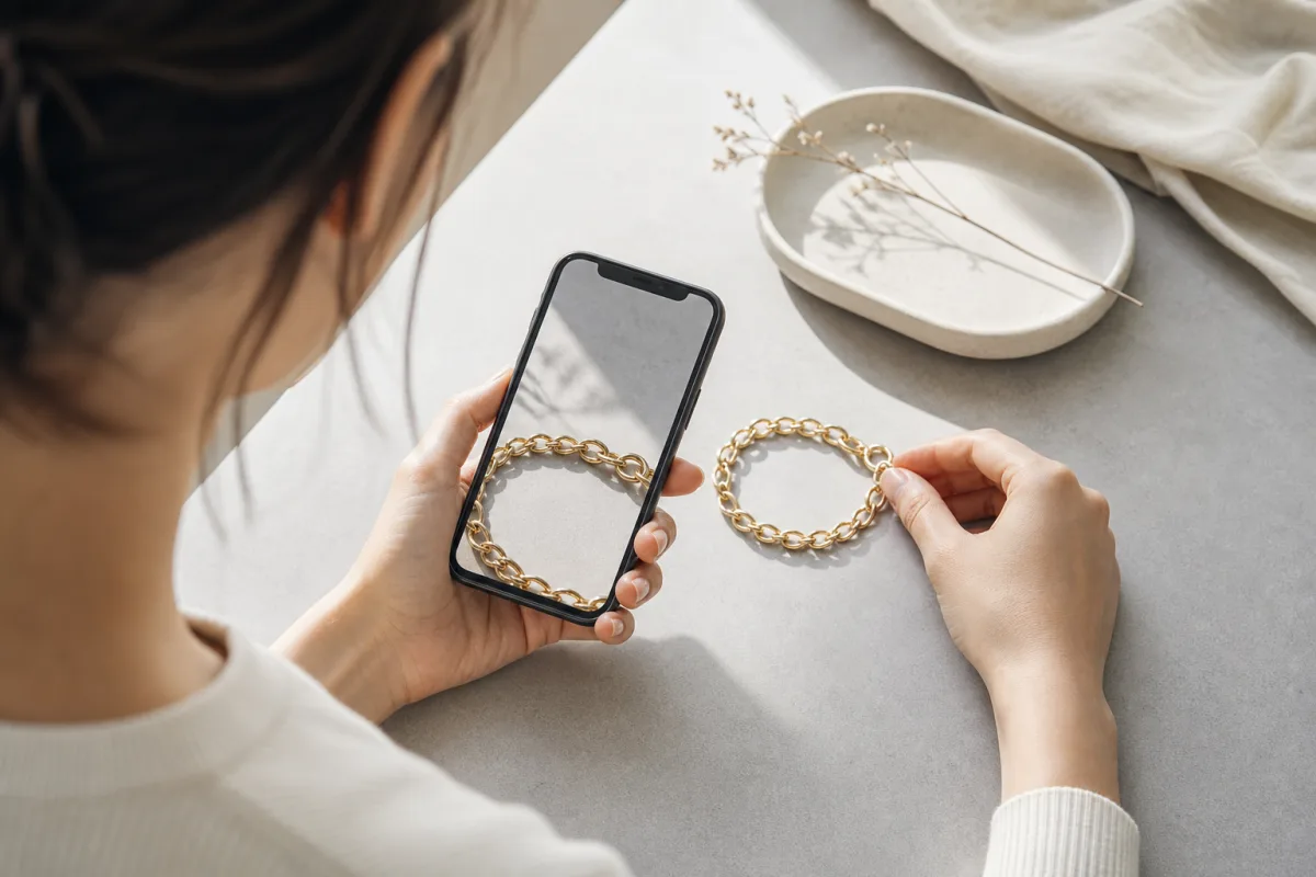 Illustration of someone using a smartphone to photograph the clasp of a gold bracelet on a plain surface.