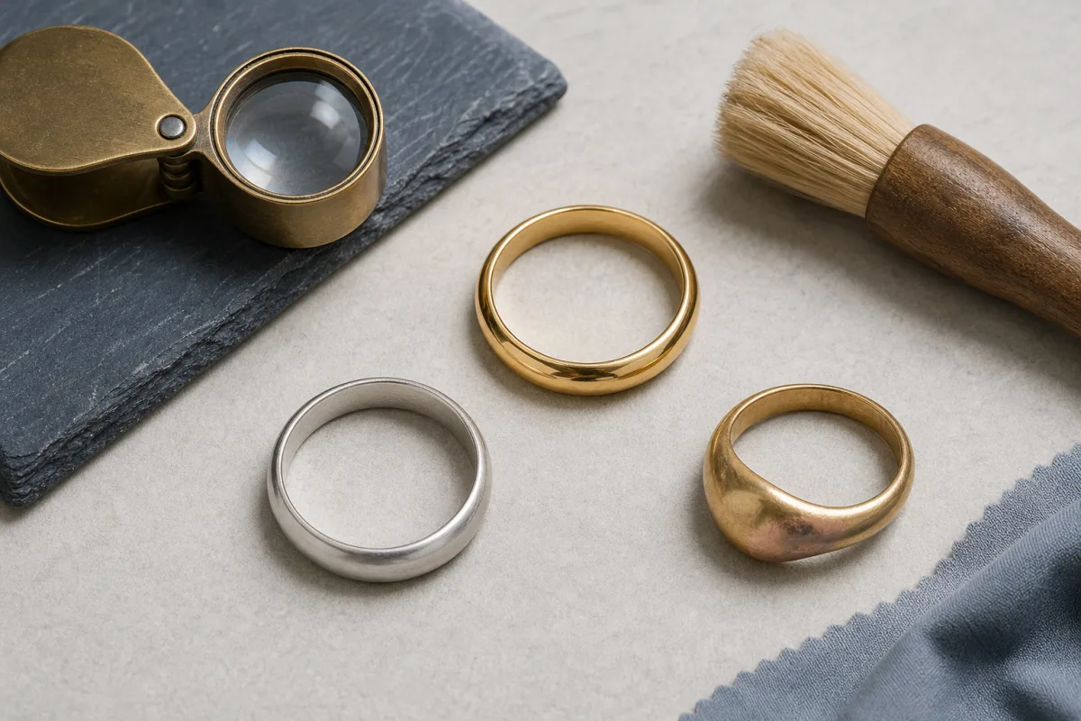 Three differently colored rings arranged with a jeweler’s loupe and small brush on a light work surface.