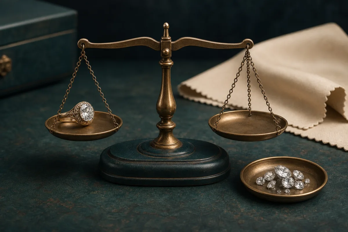 A ring and a small group of loose stones shown in separate trays beside an unmarked balance scale.