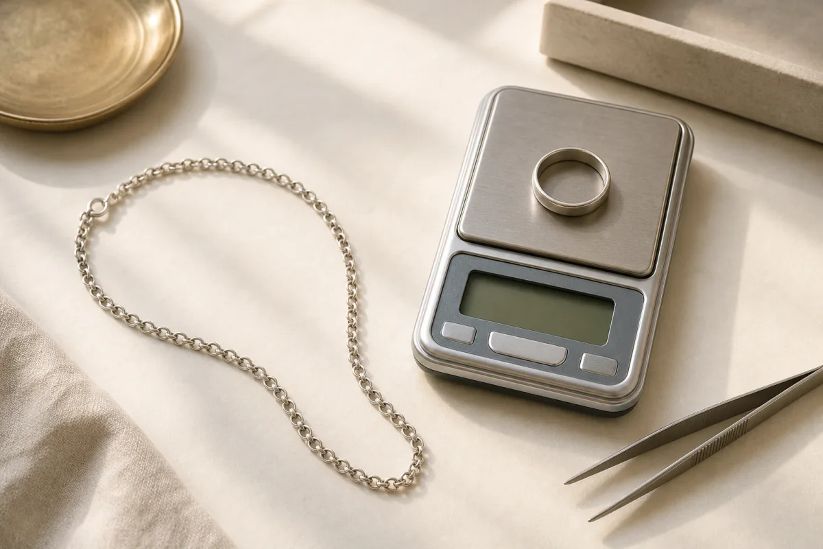 A plain white-gold ring and chain arranged beside a blank gram scale on an ivory surface.