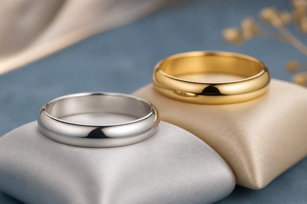 A pale white-gold band and a yellow-gold band displayed side by side on soft pads.