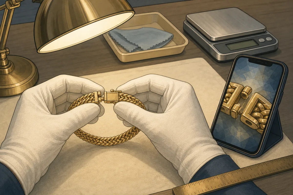 Gloved hands inspect the clasp of a gold-toned bracelet beside a phone, ruler, and scale.