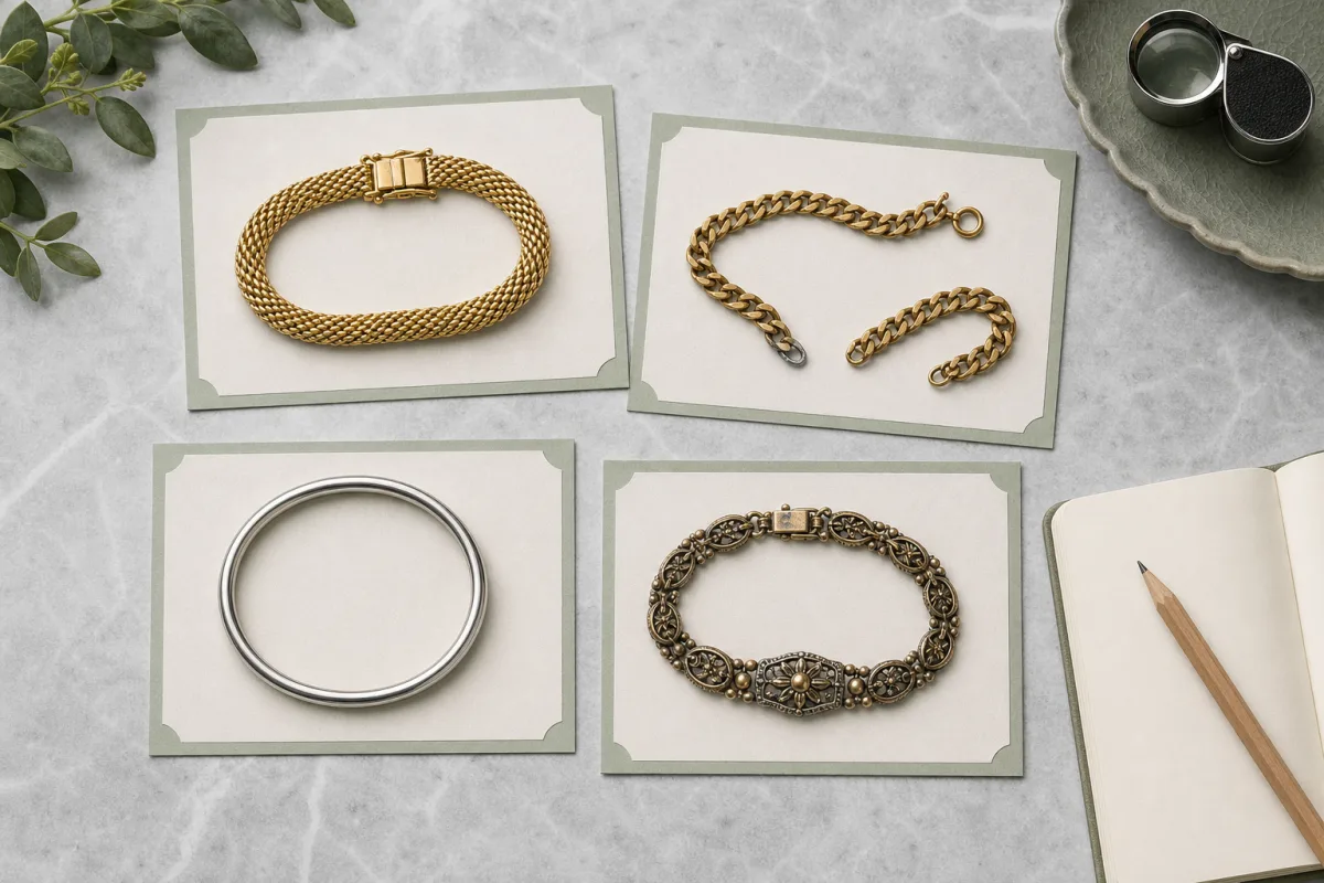 Four unmarked jewelry examples arranged separately to compare material and resale considerations.