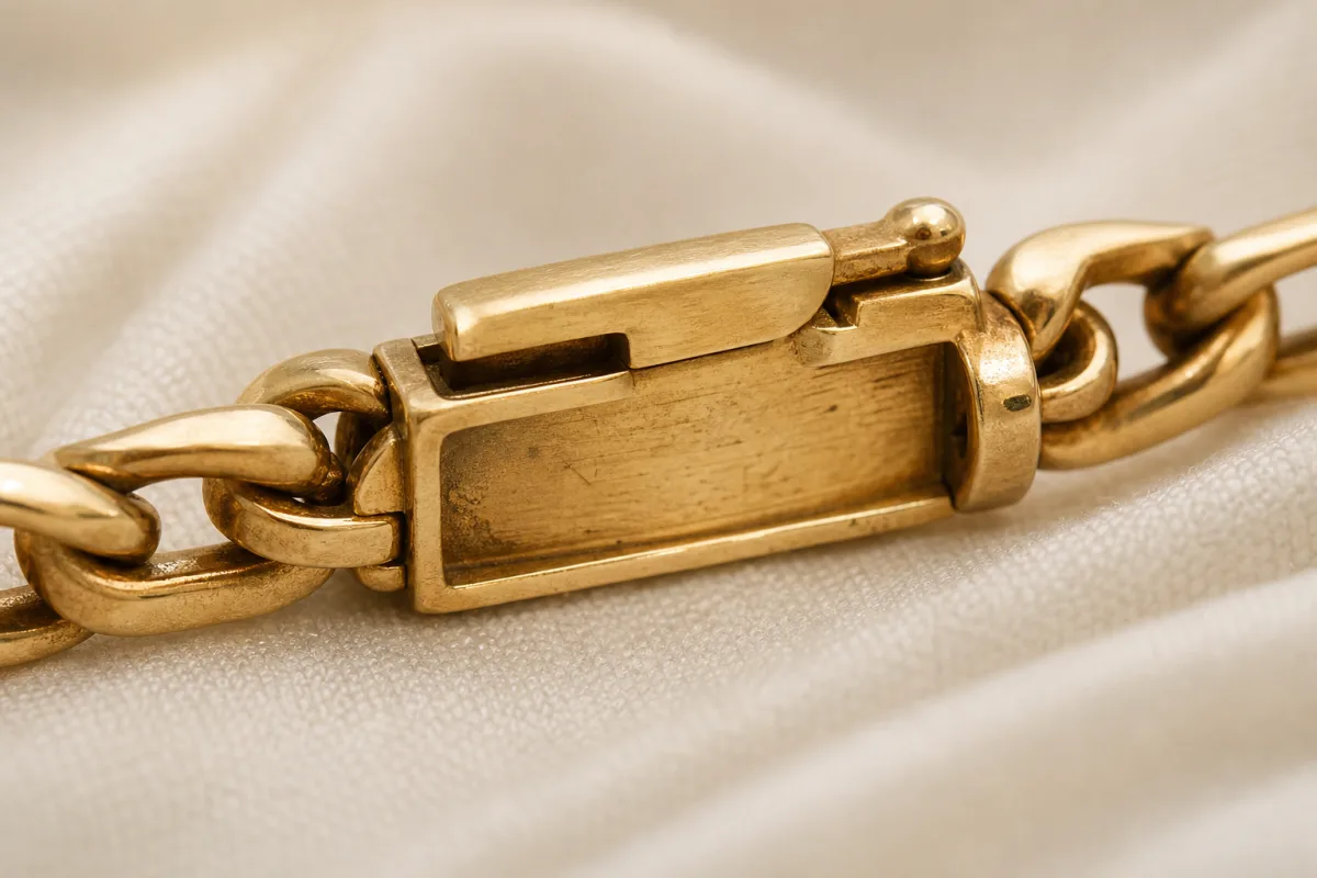 Close illustrated view of a gold-tone bracelet clasp and links on an ivory cloth.
