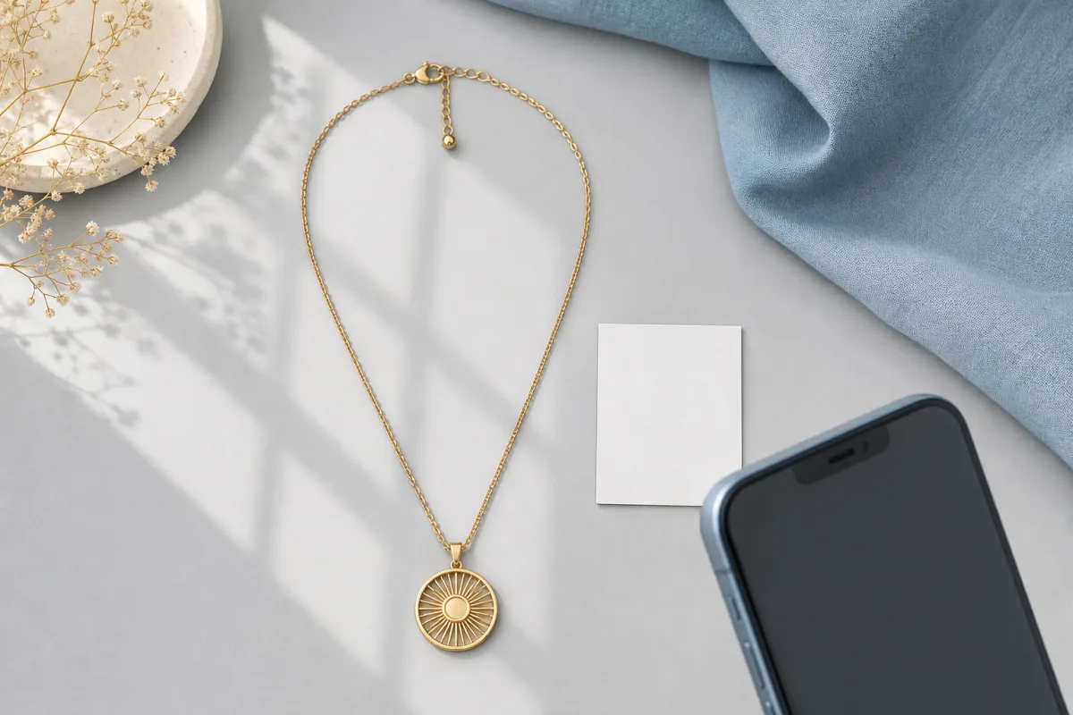 Overhead illustration of a gold-tone pendant necklace arranged on a plain background for a clear photo.