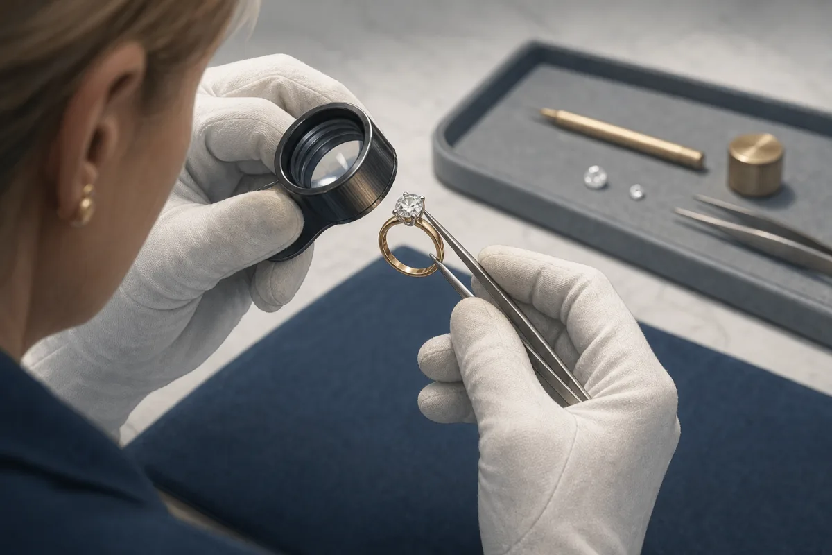 Gloved hands examining a diamond ring through a jeweler’s loupe over a neutral workbench.