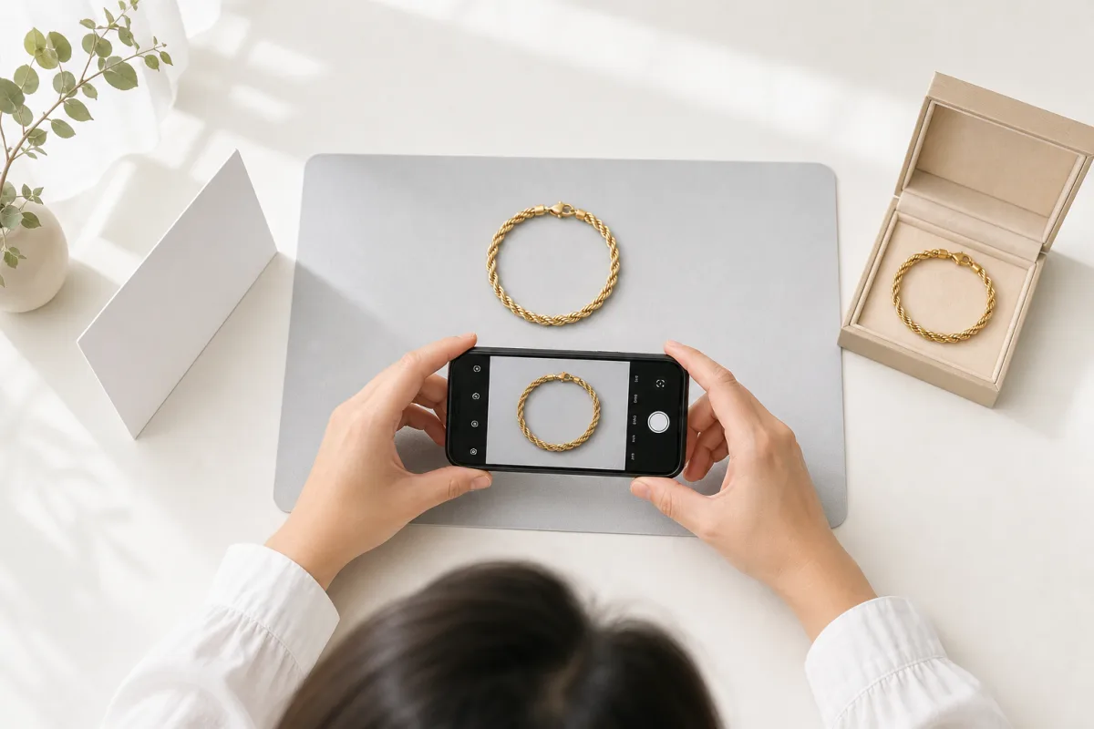 Person taking an overhead smartphone photo of a gold bracelet on a plain light-gray background.